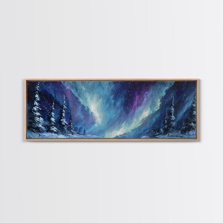 Aurora Borealis over Snowy Pines Framed Canvas Print, Celestial Art, Digital Art, Living Room Decor, Fine Art, Celestial, CEL-3x1-9