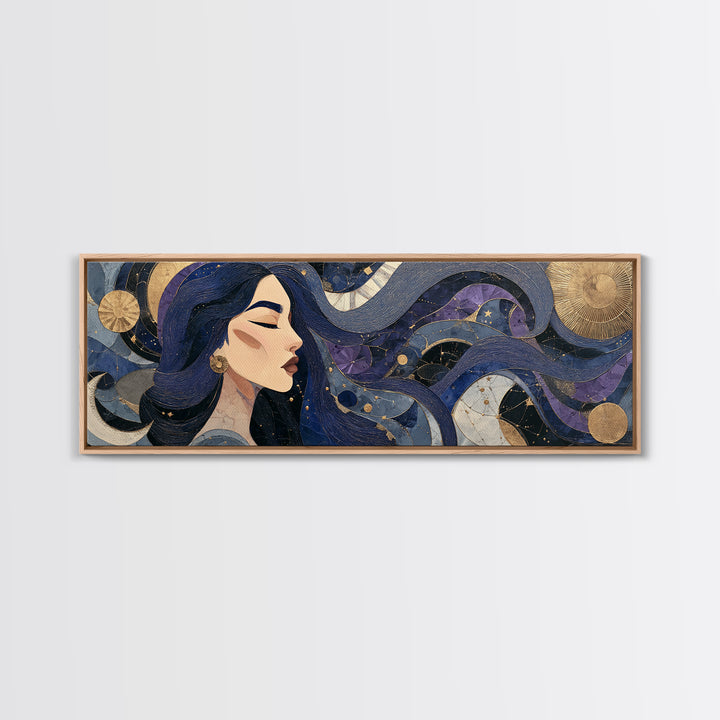 Celestial Goddess with Flowing Midnight Hair Canvas Print, Celestial Art, Gallery Decor, Living Room Decor, Fine Art, Celestial, CEL-3x1-95