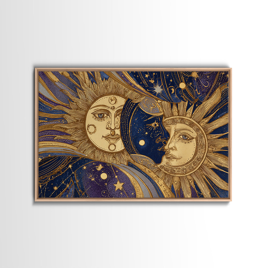 Sun and Moon Faces Canvas Print, Celestial Art, Boho Wall Art, Living Room Decor, Fine Art, Celestial, Boho Home Decor, CEL-3x2-54