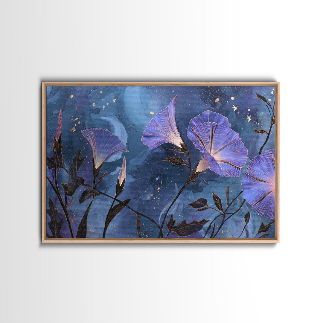 Moon Garden with Night Blooming Flowers Canvas Print, Celestial Art, Mushroom Decor, Living Room Decor, Oil Painting, Celestial, CEL-3x2-73