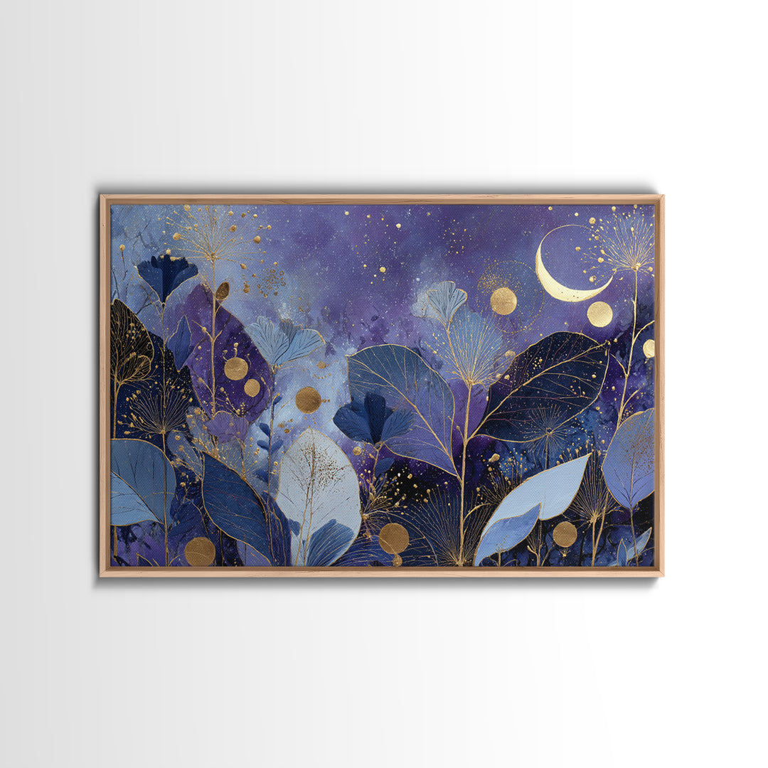 Lunar Phase Arc Above Delicate Botanicals Framed Canvas Print, Celestial Art, Art Nouveau Decor, Living Room Decor, Celestial, CEL-3x2-80