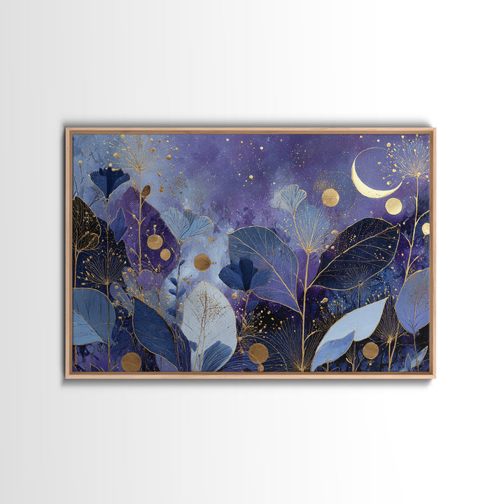 Lunar Phase Arc Above Delicate Botanicals Framed Canvas Print, Celestial Art, Art Nouveau Decor, Living Room Decor, Celestial, CEL-3x2-80