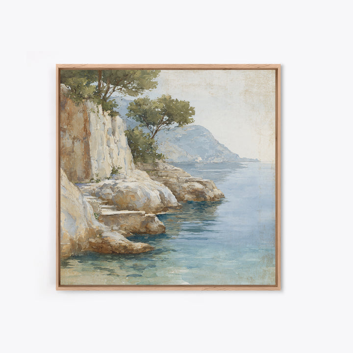 Mediterranean Cove with Cliff Shadows Framed Canvas Print, Coastal Art, Gallery Decor, Coastal Decor, Fine Art, Coastal, COA-1x1-41