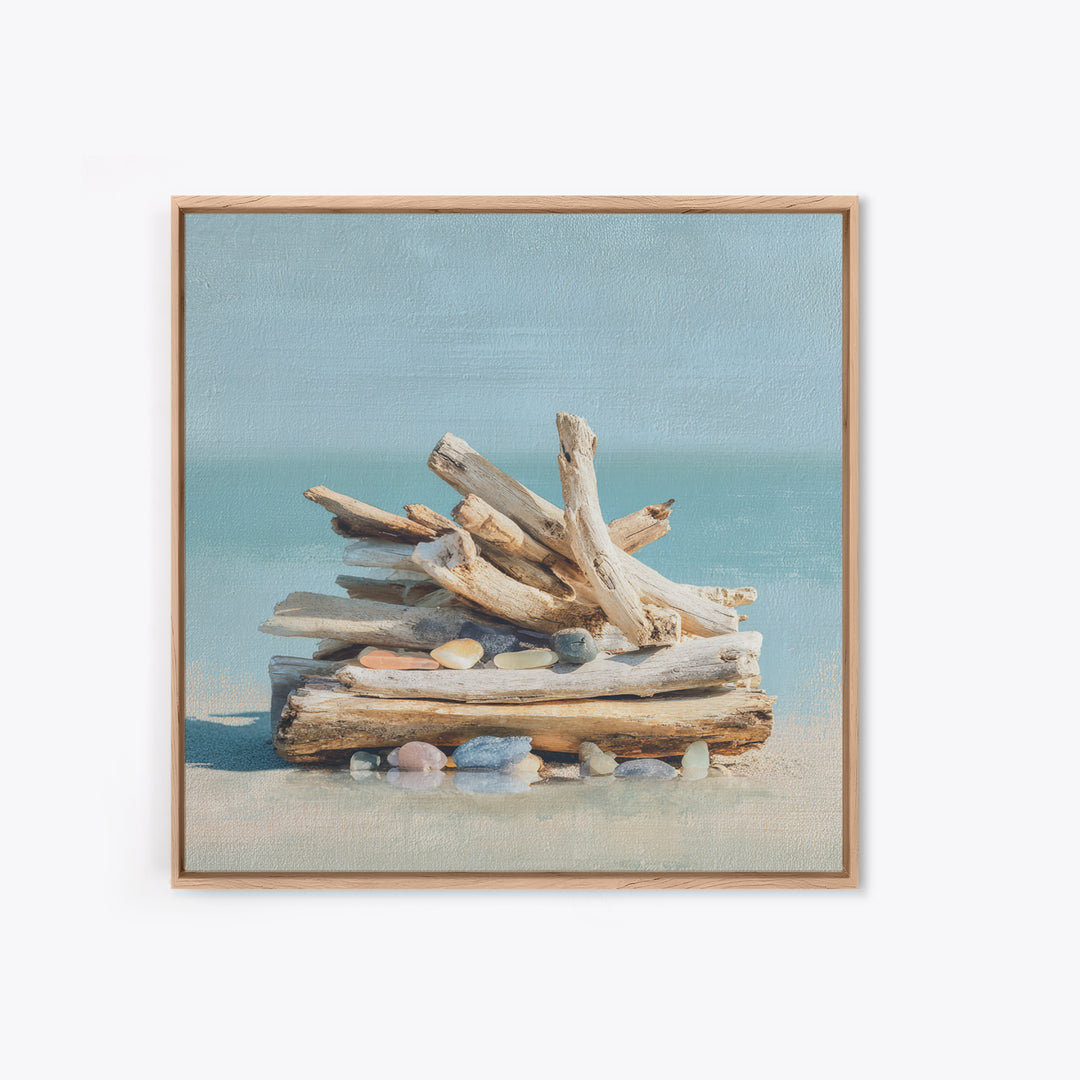 Driftwood and Sea Glass Still Life Canvas Print, Coastal Art, Ocean Wall Art, Coastal Decor, Watercolor Art, Coastal, COA-1x1-55