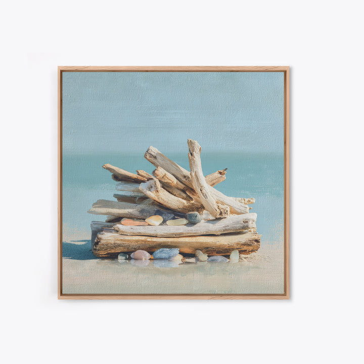 Driftwood and Sea Glass Still Life Canvas Print, Coastal Art, Ocean Wall Art, Coastal Decor, Watercolor Art, Coastal, COA-1x1-55