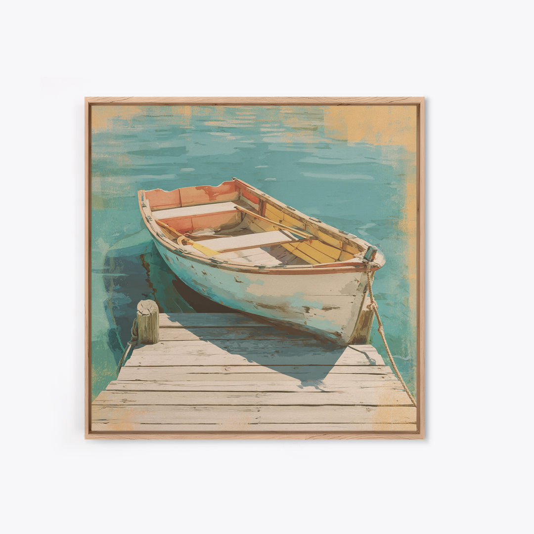 Small Rowboat Tied to a Wooden Dock Framed Canvas Print, Coastal Art, Gallery Decor, Coastal Decor, Fine Art, Coastal, COA-1x1-67