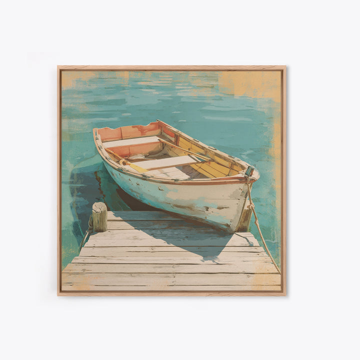 Small Rowboat Tied to a Wooden Dock Framed Canvas Print, Coastal Art, Gallery Decor, Coastal Decor, Fine Art, Coastal, COA-1x1-67