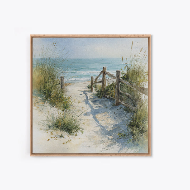 Soft Watercolor Dune Fence Scene Framed Canvas Print, Coastal Art, Textured Painting, Coastal Decor, Fine Art, Coastal, COA-1x1-88
