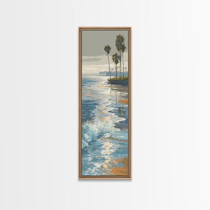 Moonlit Ocean with Silver Surf Framed Canvas Print, Coastal Art, Living Room Art, Coastal Decor, Watercolor Art, Coastal, COA-1x3-58