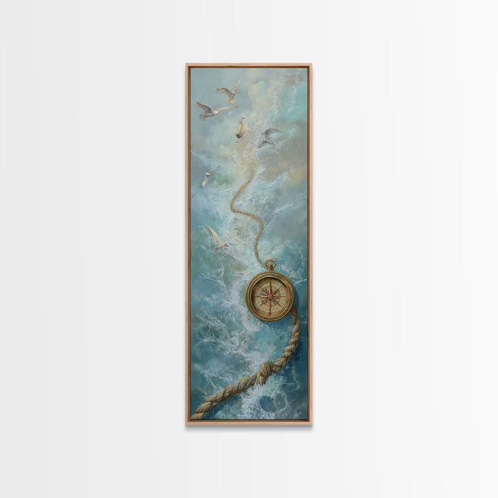 Weathered Nautical Rope and Brass Compass Framed Canvas Print, Coastal Art, Coastal Decor, Fine Art, Coastal, Fine Art Print, COA-1x3-75