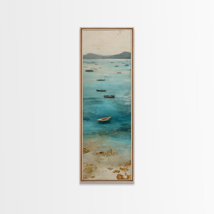 Foggy Harbor with Distant Boats Framed Canvas Print, Coastal Art, Beach Decor, Coastal Decor, Abstract Art, Coastal, COA-1x3-96