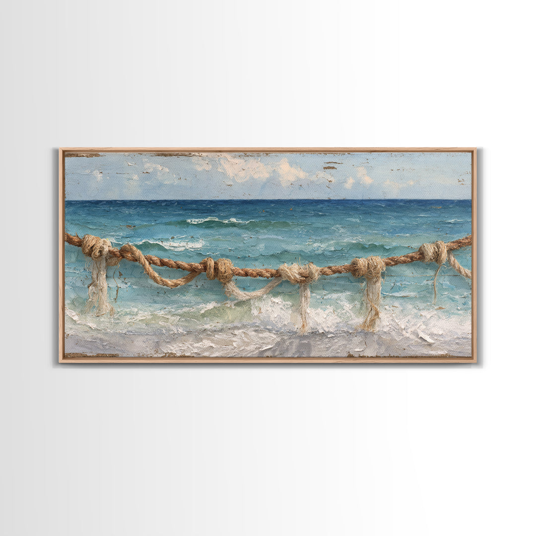 Weathered Nautical Rope and Brass Compass Framed Canvas Print, Coastal Art, Coastal Decor, Oil Painting, Coastal, COA-2x1-35