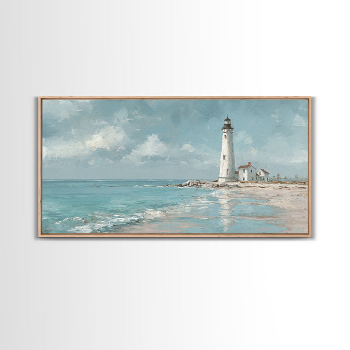 Whitewashed Lighthouse Against Cloudy Sky Framed Canvas Print, Coastal Art, Minimalist Decor, Coastal Decor, Fine Art, Coastal, COA-2x1-50