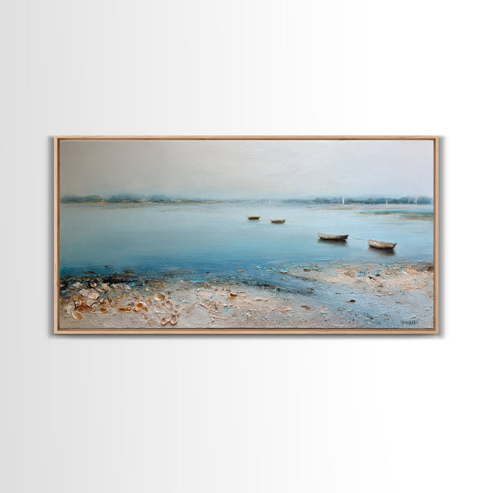 Foggy Harbor with Distant Boats Framed Canvas Print, Coastal Art, Original Painting, Coastal Decor, Fine Art, Coastal, COA-2x1-56