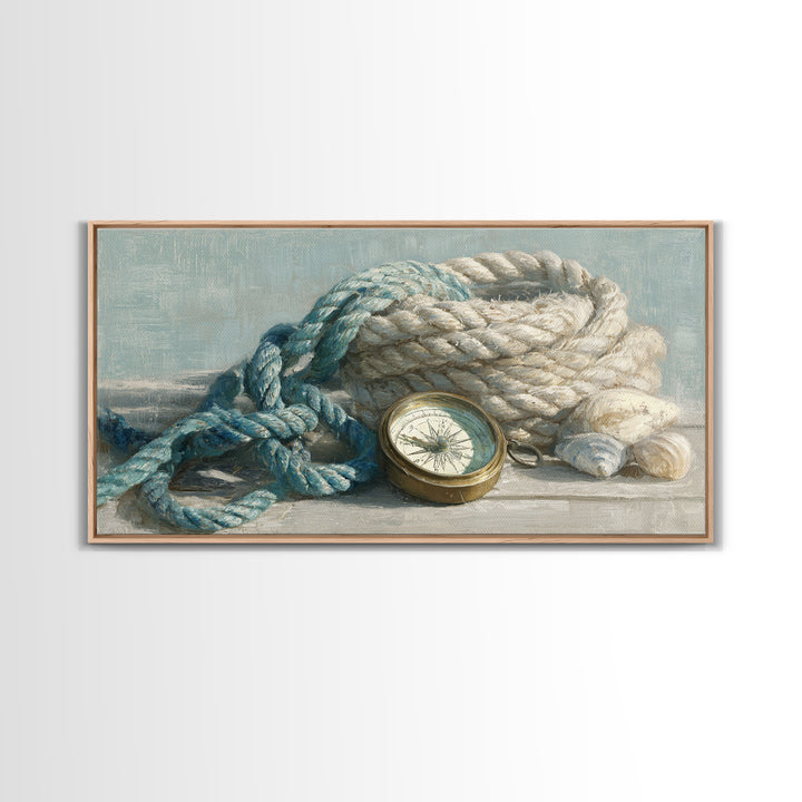 Weathered Nautical Rope and Brass Compass Framed Canvas Print, Coastal Art, Landscape Painting, Coastal Decor, Watercolor Art, COA-2x1-59