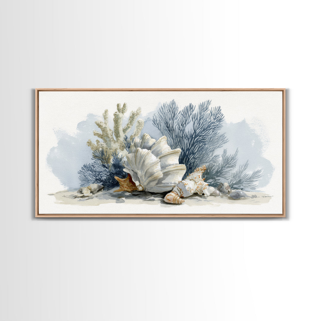 Shell and Coral Specimen Arrangement Framed Canvas Print, Coastal Art, Wall Decor, Coastal Decor, Coastal, Nautical Decor, COA-2x1-7
