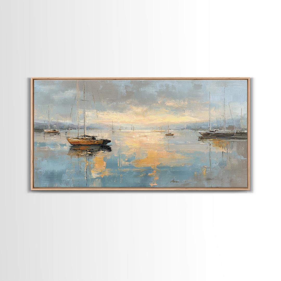 Foggy Harbor with Distant Boats Framed Canvas Print, Coastal Art, Coastal Decor, Fine Art, Coastal, Oyster Art, Gallery Decor, COA-2x1-80