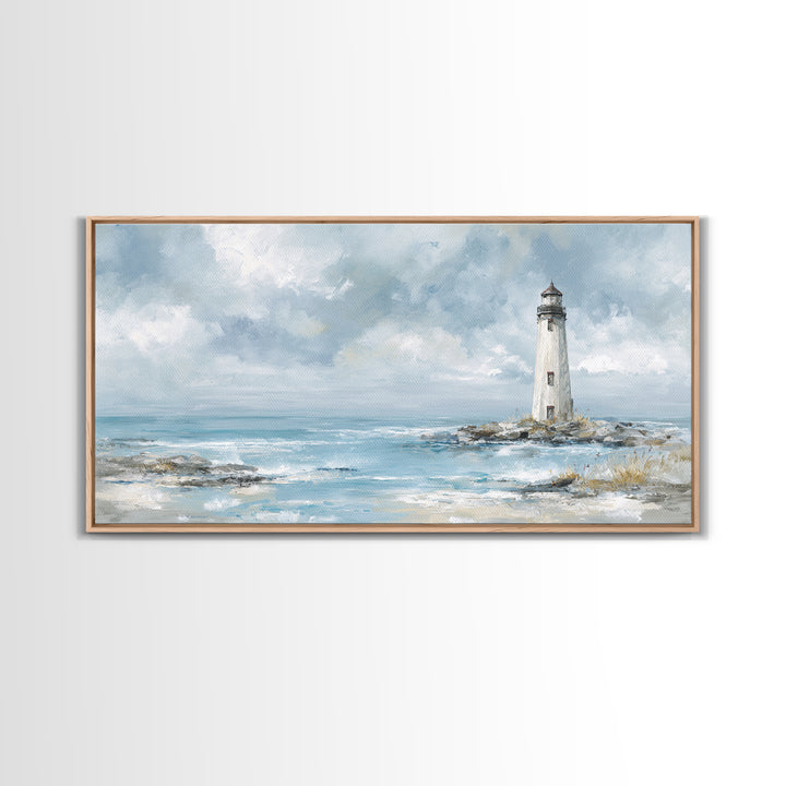 Whitewashed Lighthouse Against Cloudy Sky Canvas Print, Coastal Art, Printable Wall Art, Coastal Decor, Watercolor Art, Coastal, COA-2x1-98