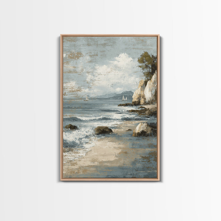 Mediterranean Cove with Cliff Shadows Framed Canvas Print, Coastal Art, Wall Art, Coastal Decor, Fine Art, Coastal, Bird Art, COA-2x3-1