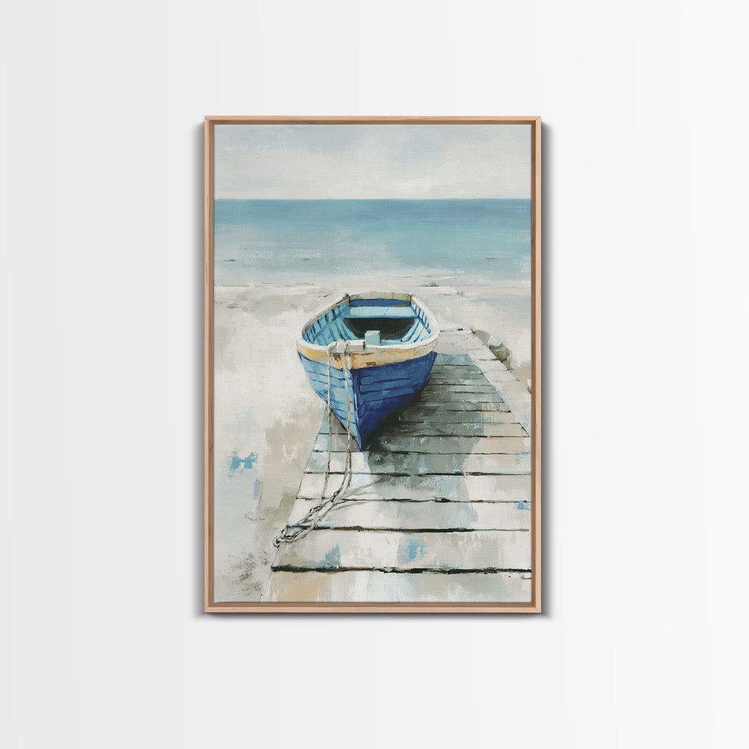Small Rowboat Tied to a Wooden Dock Framed Canvas Print, Coastal Art, Room Decor, Coastal Decor, Oil Painting, Coastal, COA-2x3-51