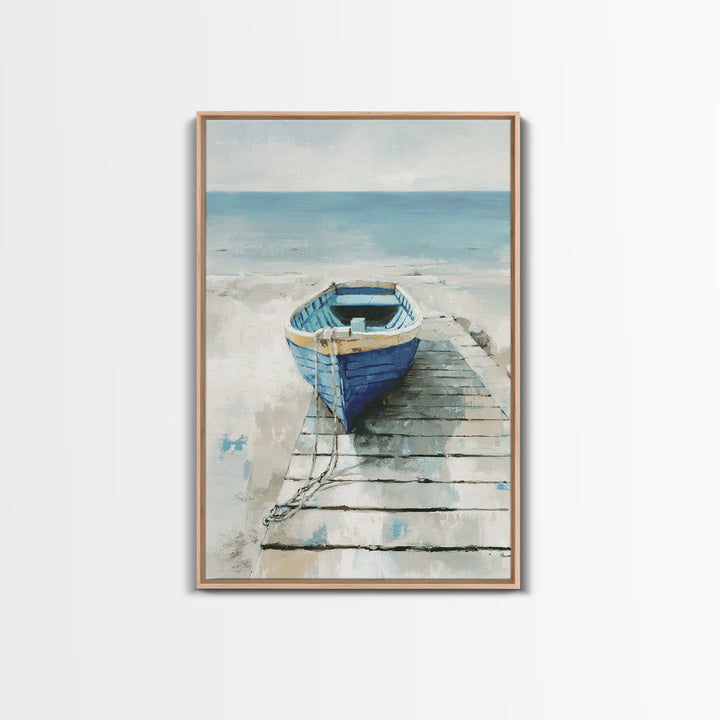 Small Rowboat Tied to a Wooden Dock Framed Canvas Print, Coastal Art, Room Decor, Coastal Decor, Oil Painting, Coastal, COA-2x3-51