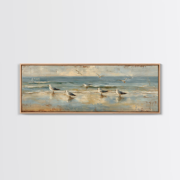 Seagulls Crossing a Muted Sky Framed Canvas Print, Coastal Art, Original Painting, Coastal Decor, Coastal, Beach Decor, COA-3x1-2