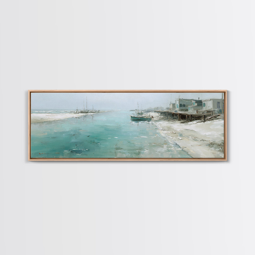 Foggy Harbor with Distant Boats Framed Canvas Print, Coastal Art, Ocean Wall Art, Coastal Decor, Oil Painting, Coastal, COA-3x1-28