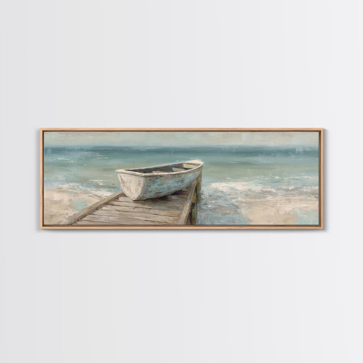 Small Rowboat Tied to a Wooden Dock Framed Canvas Print, Coastal Art, Wall Art, Coastal Decor, Fine Art, Coastal, Bird Art, COA-3x1-59