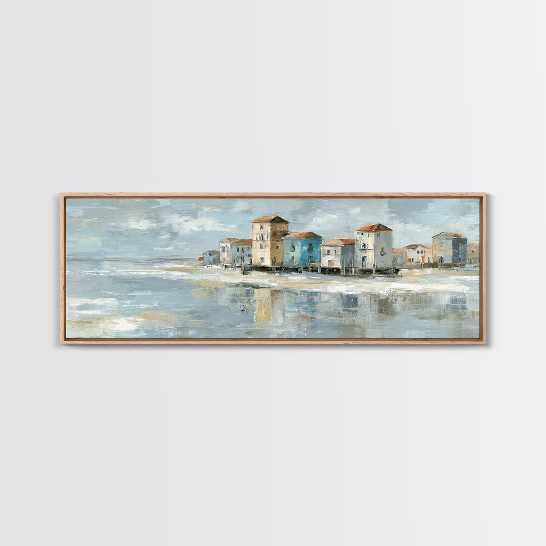 Coastal Village Rooftops Seen from the Sea Framed Canvas Print, Coastal Art, Living Room Art, Coastal Decor, Fine Art, Coastal, COA-3x1-73