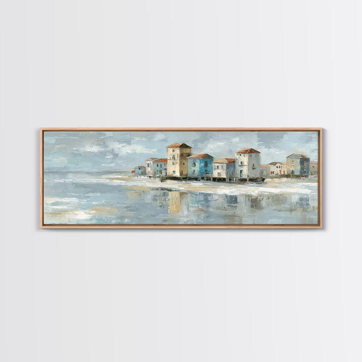 Coastal Village Rooftops Seen from the Sea Framed Canvas Print, Coastal Art, Living Room Art, Coastal Decor, Fine Art, Coastal, COA-3x1-73