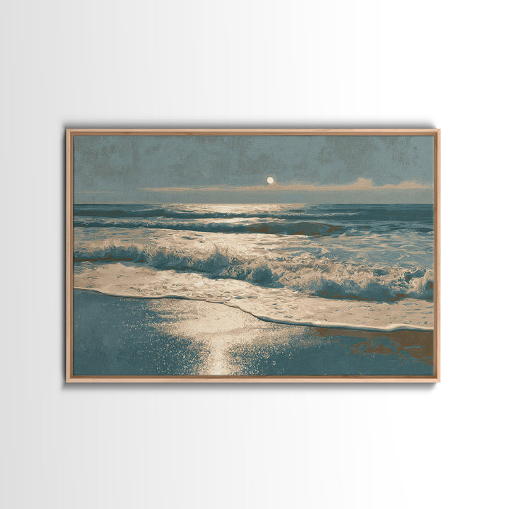 Moonlit Ocean with Silver Surf Framed Canvas Print, Coastal Art, Printable Wall Art, Coastal Decor, Fine Art, Coastal, COA-3x2-2