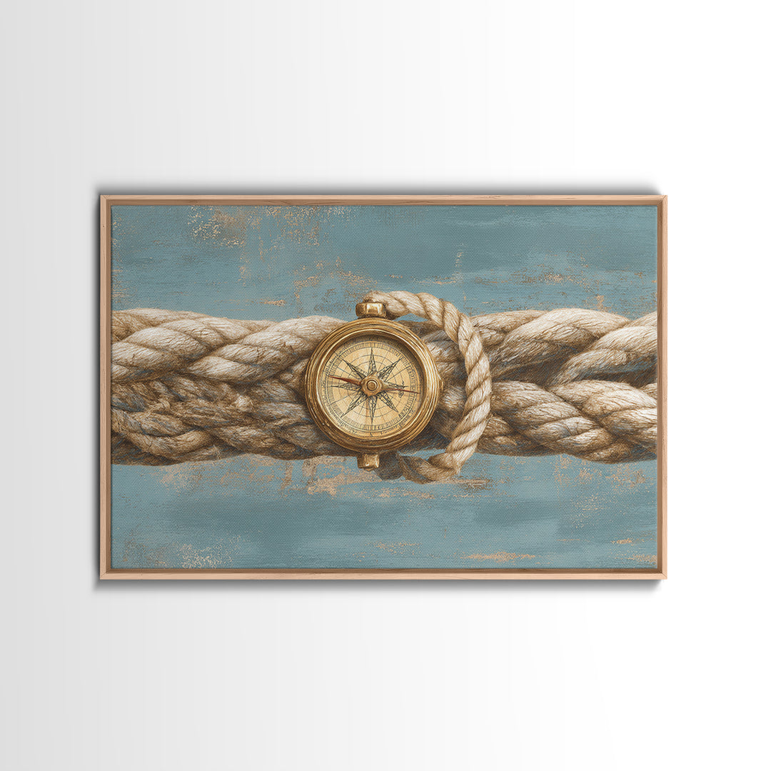 Weathered Nautical Rope and Brass Compass Canvas Print, Coastal Art, Oyster Art, Coastal Decor, Abstract Art, Coastal, COA-3x2-43