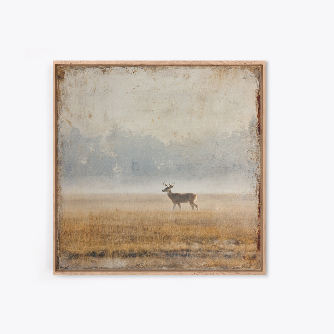 Deer Crossing a Misty Morning Field Framed Canvas Print, Country Art, Large Wall Art, Farmhouse Decor, Fine Art, Country, COU-1x1-11