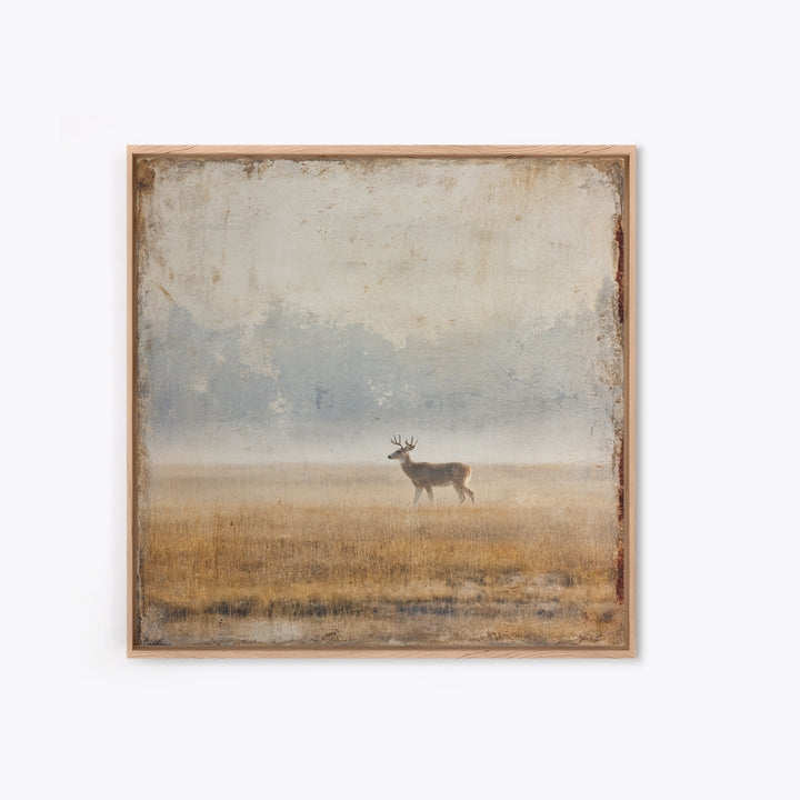 Deer Crossing a Misty Morning Field Framed Canvas Print, Country Art, Large Wall Art, Farmhouse Decor, Fine Art, Country, COU-1x1-11