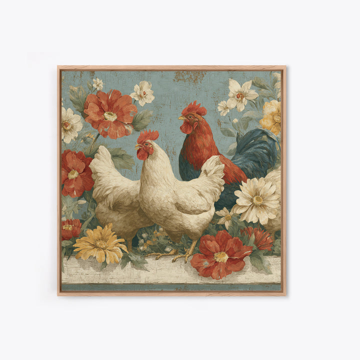 Chickens Pecking Near Garden Flowers Canvas Print, Country Art, Digital Art Prints, Farmhouse Decor, Fine Art, Country, COU-1x1-14