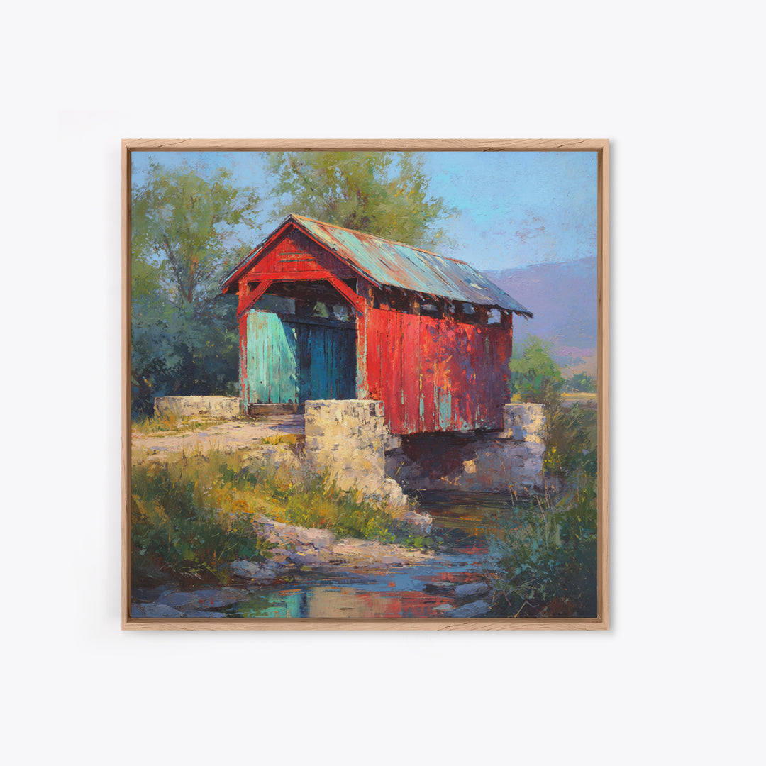 Covered Bridge over a Quiet Creek Canvas Print, Country Art, Farmhouse Decor, Oil Painting, Country, French Country Decor, COU-1x1-15