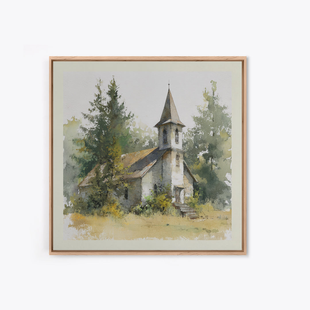 Country Church Steeple Beyond Trees Canvas Print, Country Art, Printable Art, Farmhouse Decor, Watercolor Art, Country, COU-1x1-19