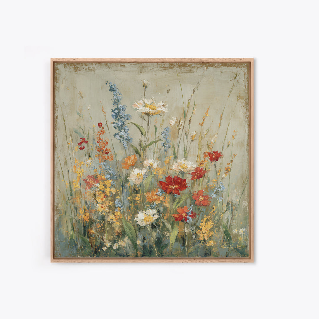 Wildflower Meadow Beside an Old Fence Framed Canvas Print, Country Art, Watercolor Painting, Farmhouse Decor, Oil Painting, COU-1x1-2