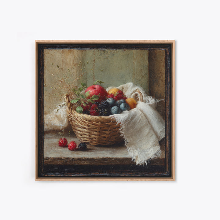 Blackberry Basket with Linen Cloth Framed Canvas Print, Country Art, French Country, Farmhouse Decor, Fine Art, Country, COU-1x1-21