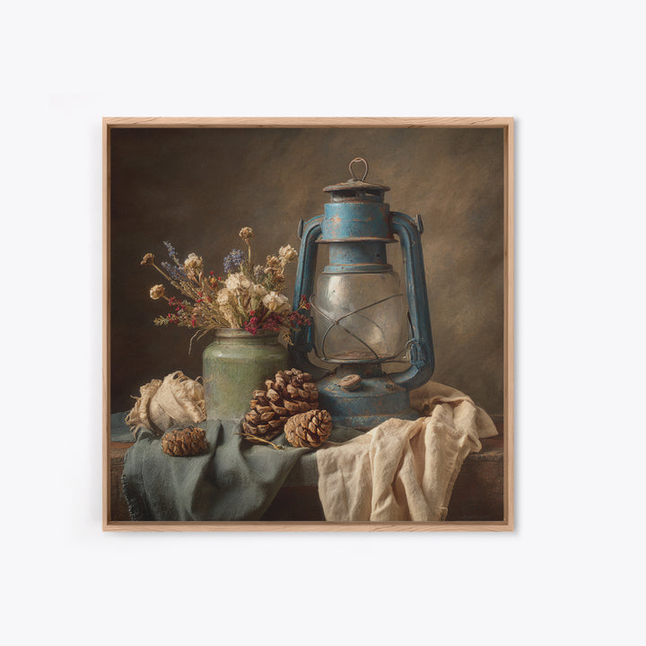 Old Lantern and Pinecones Still Life Framed Canvas Print, Country Art, Landscape Painting, Farmhouse Decor, Watercolor Art, COU-1x1-24