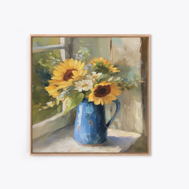 Sunflowers in a Blue Enamel Pitcher Framed Canvas Print, Country Art, Gallery Decor, Farmhouse Decor, Fine Art, Country, COU-1x1-32