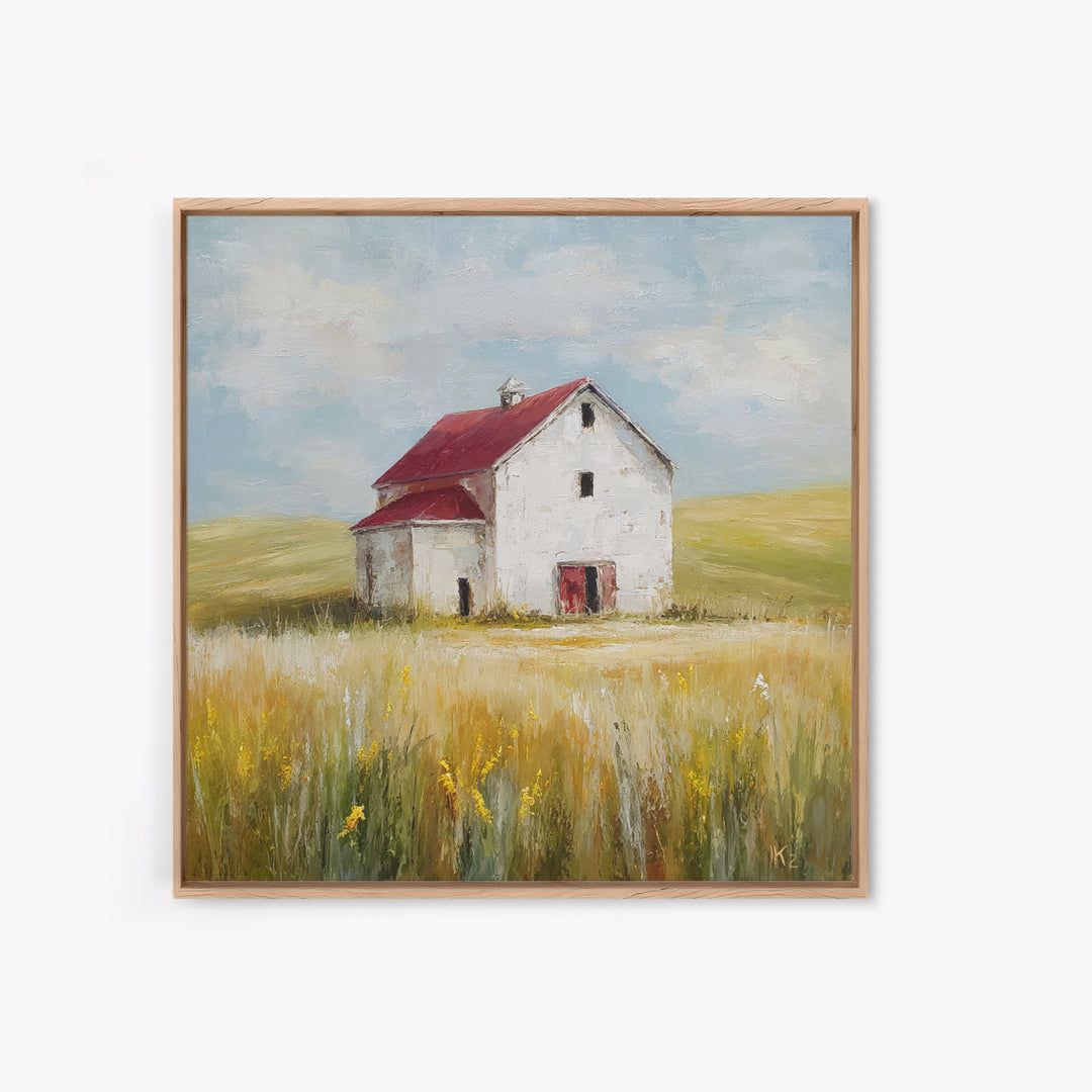 White Farmhouse Surrounded by Tall Grass Framed Canvas Print, Country Art, French Country, Farmhouse Decor, Watercolor Art, COU-1x1-34