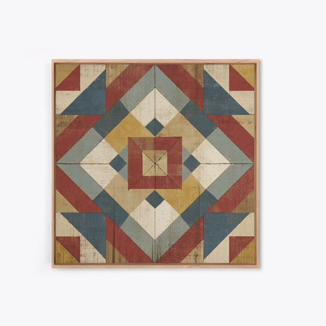 Quilt Geometric Folk Pattern Canvas Print, Country Art, Oil Painting, Farmhouse Decor, Abstract Art, Country, COU-1x1-36