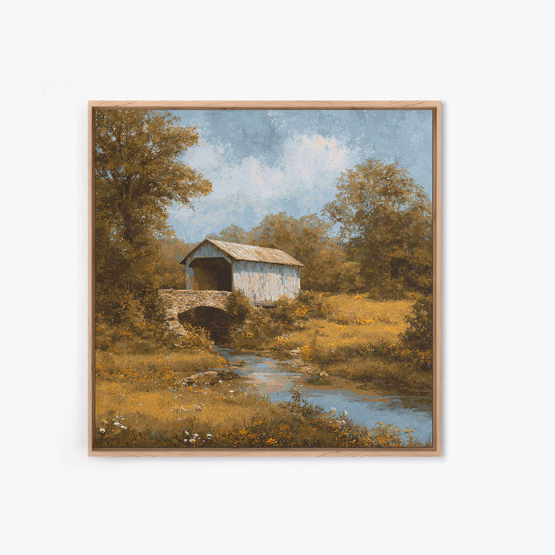 Covered Bridge over a Quiet Creek Framed Canvas Print, Country Art, Watercolor Painting, Farmhouse Decor, Fine Art, Country, COU-1x1-39
