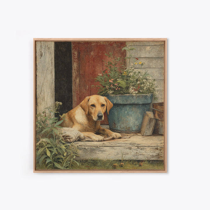 Dog Resting Beside a Porch Flower Pot Framed Canvas Print, Country Art, Landscape Painting, Farmhouse Decor, Oil Painting, COU-1x1-46