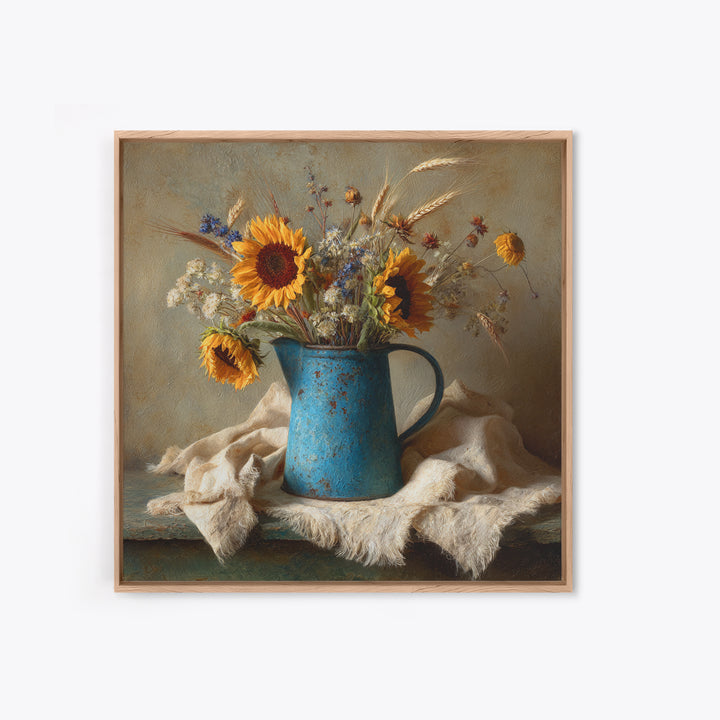 Sunflowers in a Blue Enamel Pitcher Framed Canvas Print, Country Art, Digital Wall Art, Farmhouse Decor, Fine Art, Country, COU-1x1-56