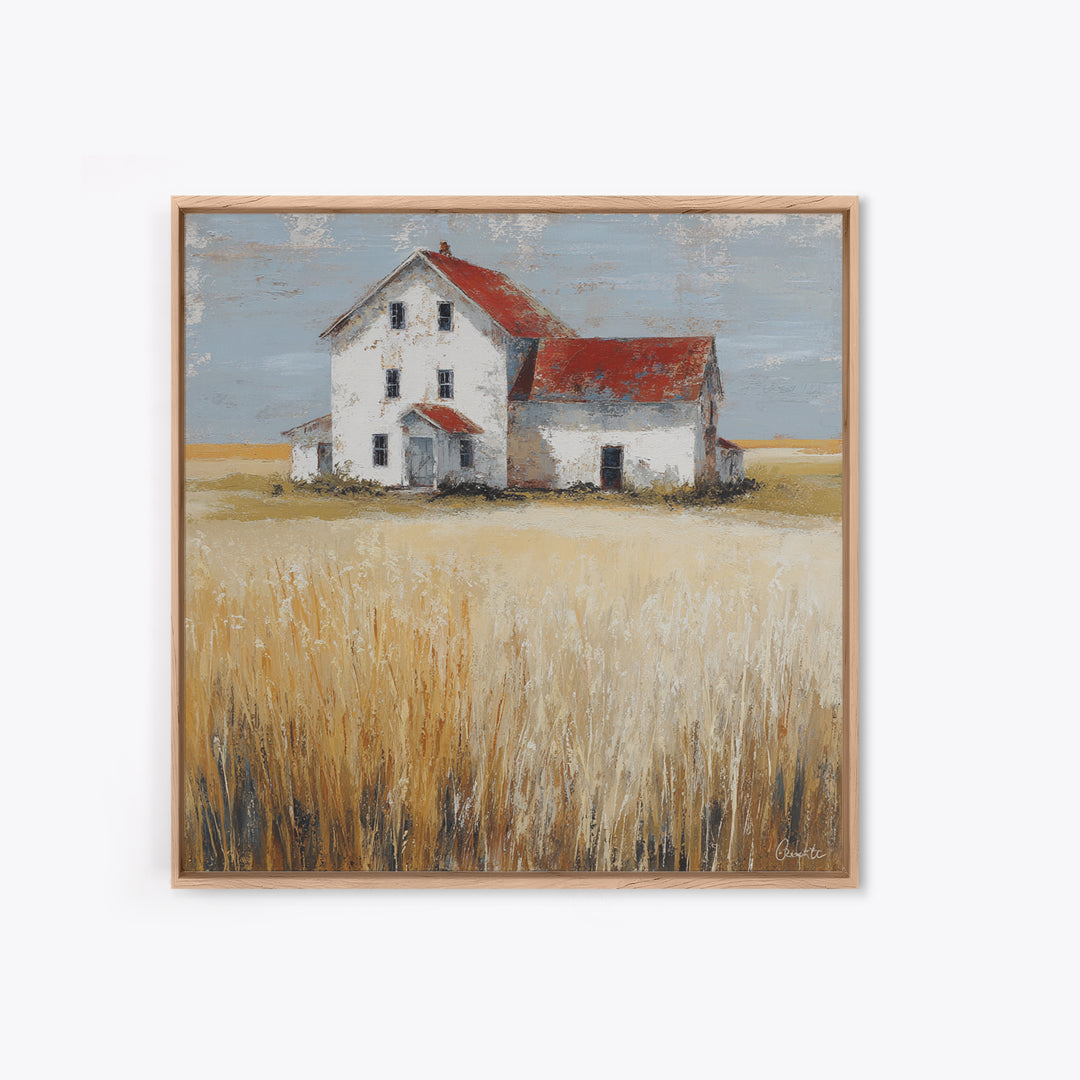 White Farmhouse Surrounded by Tall Grass Framed Canvas Print, Country Art, French Country, Farmhouse Decor, Watercolor Art, COU-1x1-58