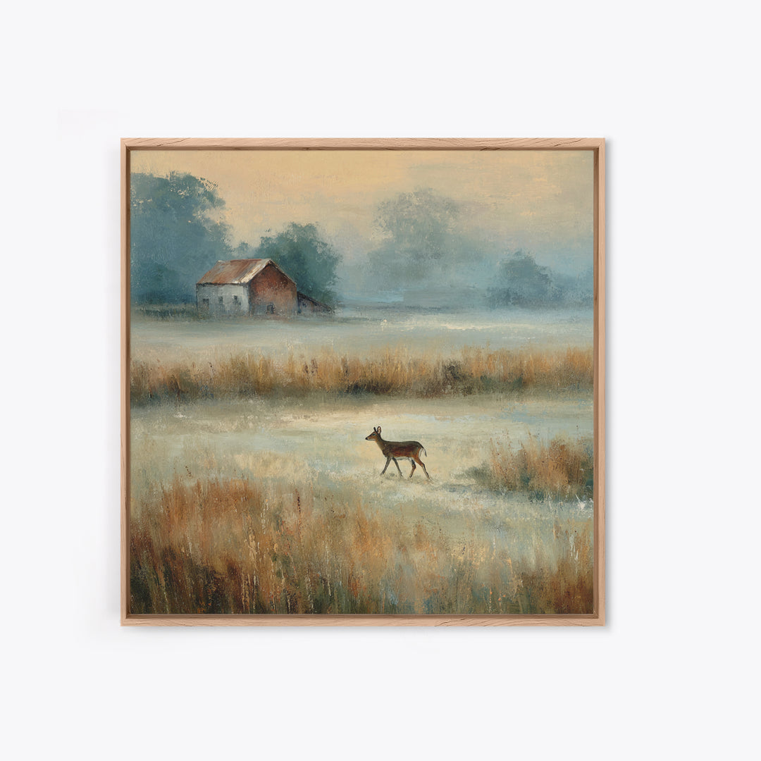Deer Crossing a Misty Morning Field Canvas Print, Country Art, Landscape Wall Art, Farmhouse Decor, Fine Art, Country, COU-1x1-59