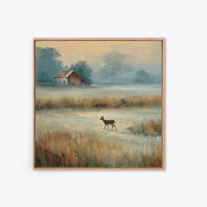 Deer Crossing a Misty Morning Field Canvas Print, Country Art, Landscape Wall Art, Farmhouse Decor, Fine Art, Country, COU-1x1-59