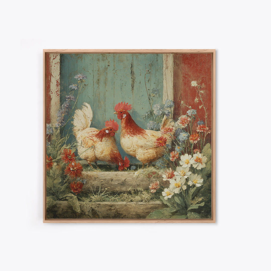 Chickens Pecking Near Garden Flowers Framed Canvas Print, Country Art, Farmhouse Wall Art, Farmhouse Decor, Fine Art, Country, COU-1x1-62